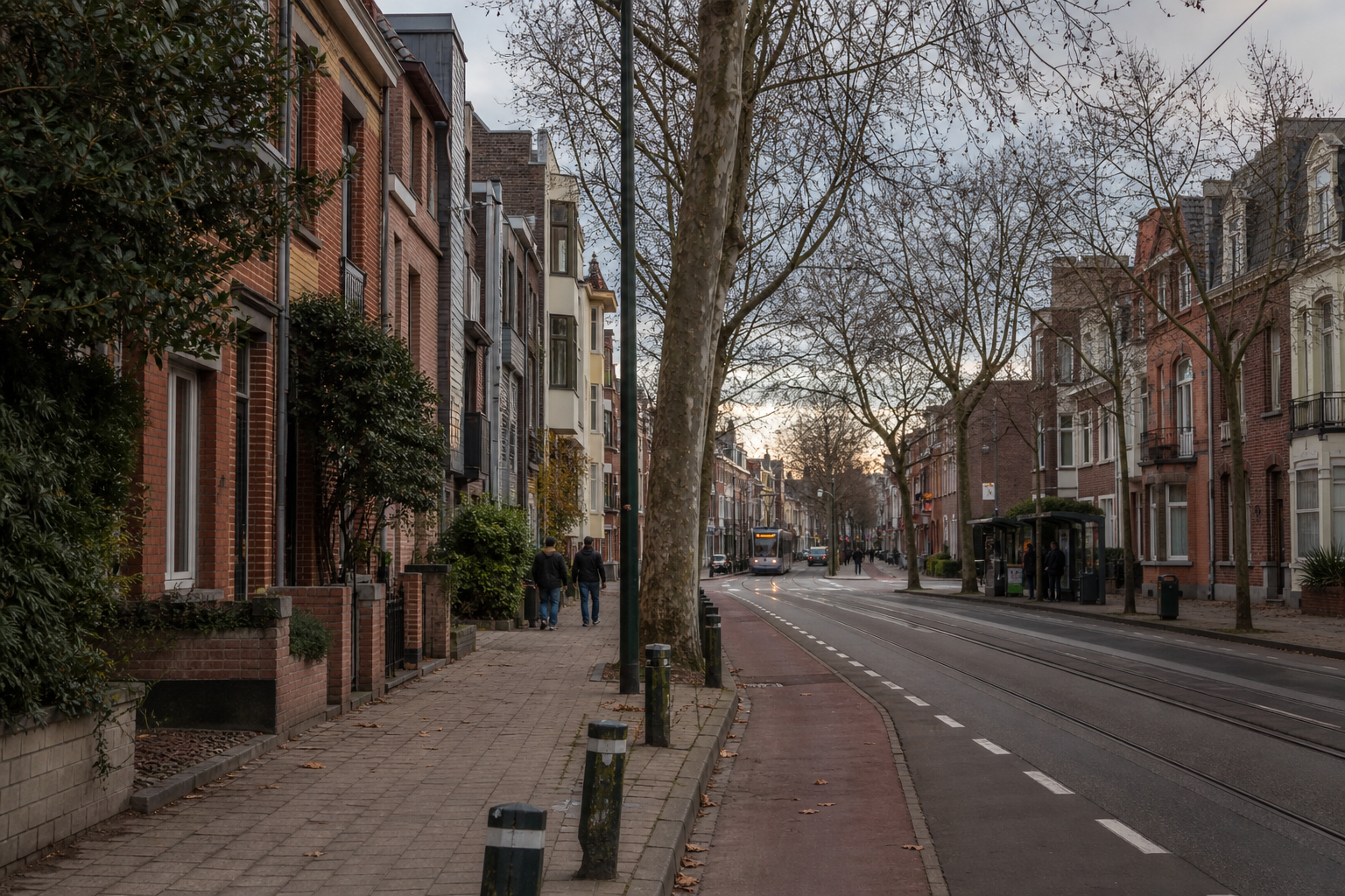 A residential street in Auderghem, trees and Belgian houses.